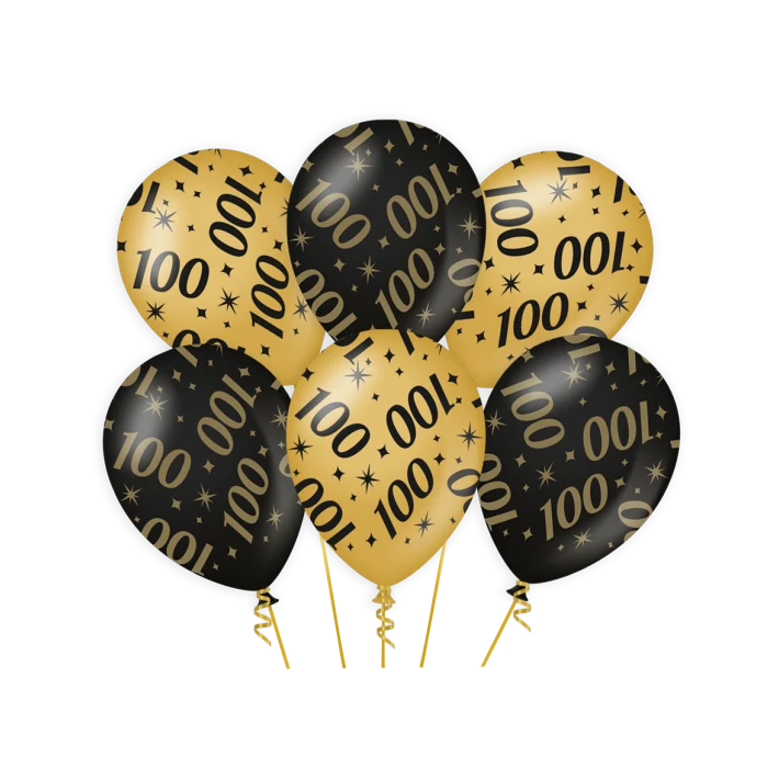 100 jaar Ballonnen - 6 stuks - 30 cm - goud en zwart