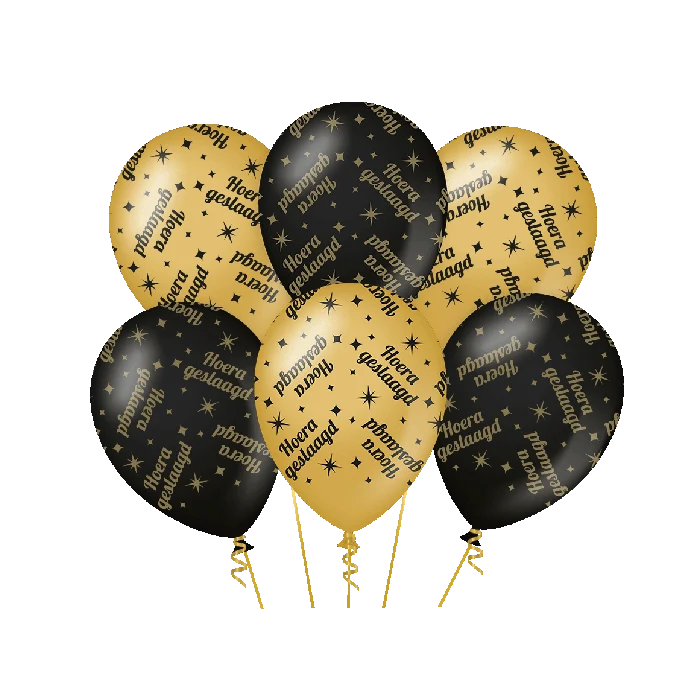 Hoera Geslaagd Ballonnen - 6 stuks - 30 cm - goud en zwart