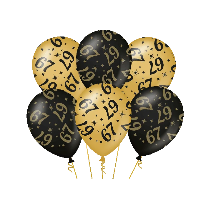 67 jaar Ballonnen - 6 stuks - 30 cm - goud en zwart - Classy