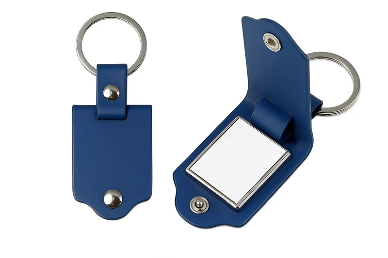 Metalen Sleutelhanger in Blauw PU Leren Etui voor Sublimatie – Inclusief Plaatje