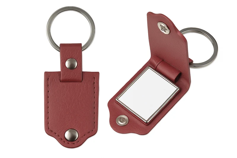 Metalen Sleutelhanger in Bordeaux PU Leren Etui voor Sublimatie – Inclusief Plaatje