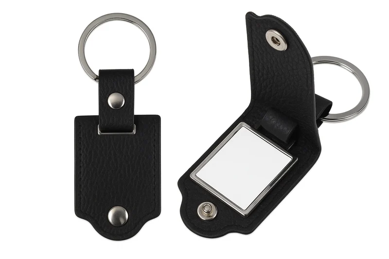 Metalen Sleutelhanger in Zwart PU Leren Etui met Sluitflap – Voor Sublimatie