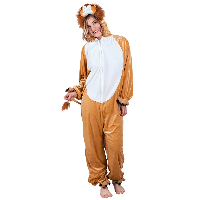 Leeuwenkostuum tiener pluche jumpsuit met capuchon en staart