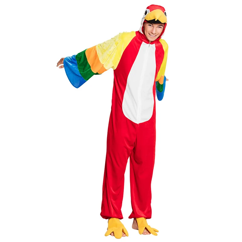 Papegaaienpak pluche rood tieners met capuchon