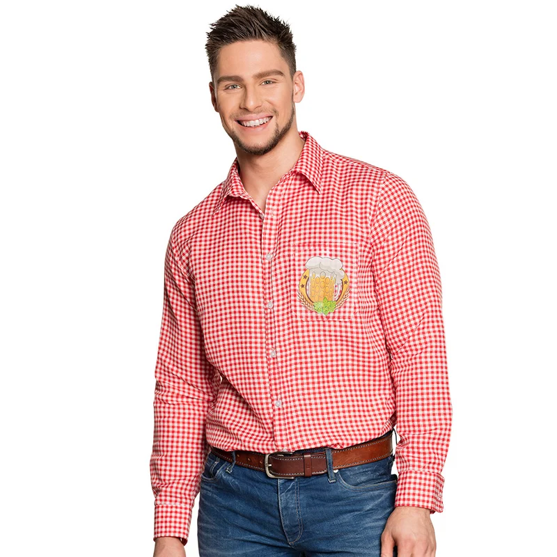 Tiroler shirt heren rood-wit geruit met bierpul opdruk