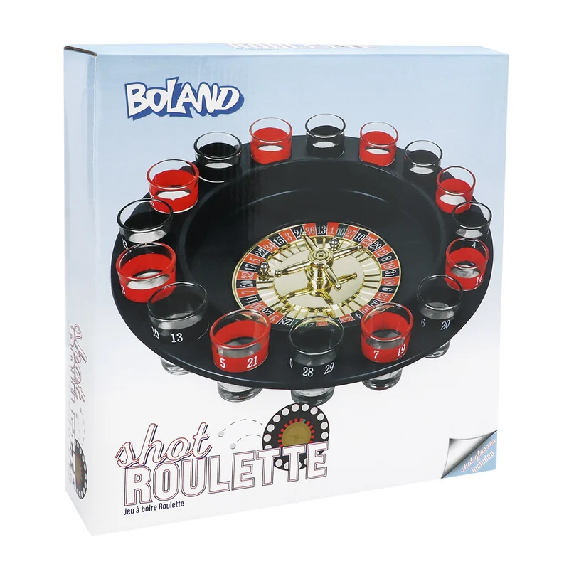 Drankspel roulette met rad, 16 shotglaasjes en 2 balletjes