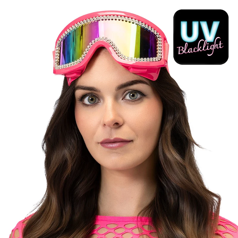Party skibril Rave neonroze met strass en UV-effect