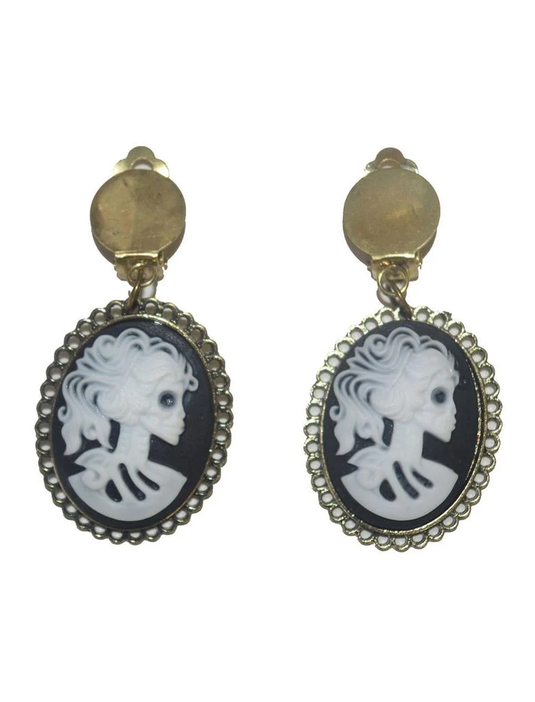 Oorbellen gothic camee skeletdame zwart wit met clip