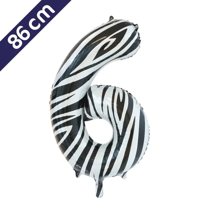 Cijferballon - zebra - cijfer 6 - 86 cm