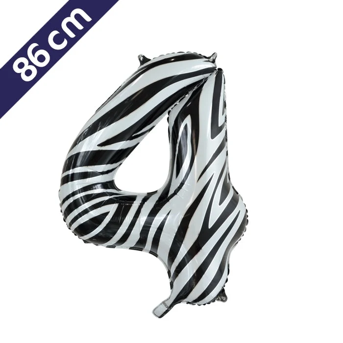 Cijferballon - zebra - cijfer 4 - 86 cm