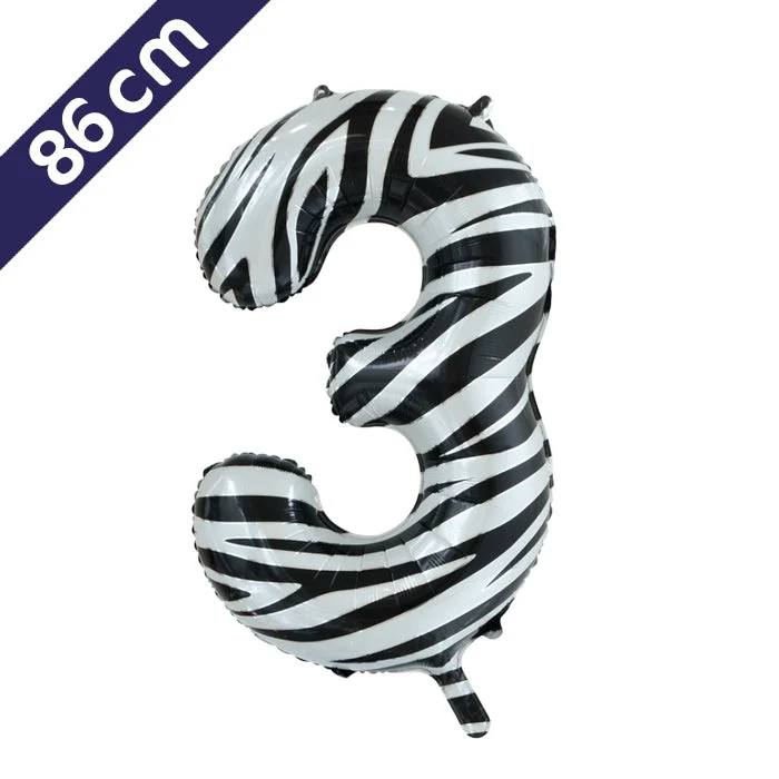 Cijferballon - zebra - cijfer 3 - 86 cm