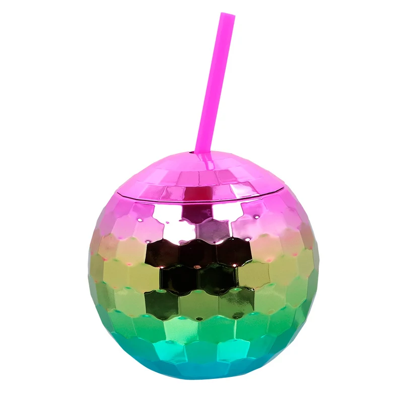 Discobal drinkbeker met rietje regenboog 60 cl