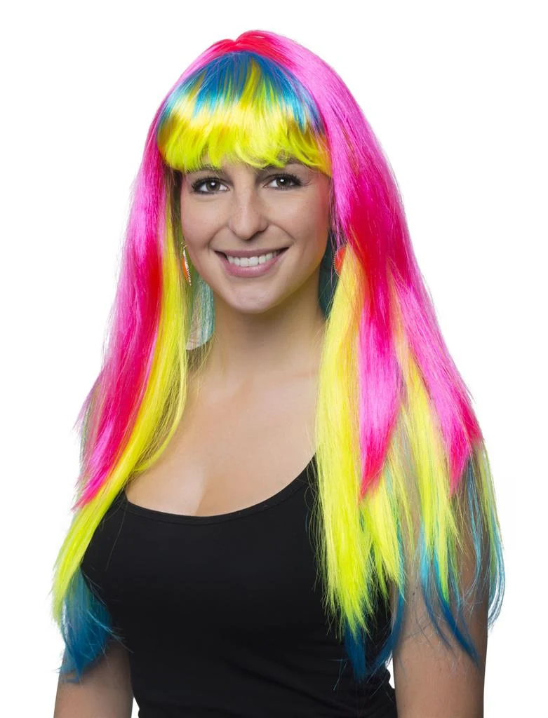 Multicolor pruik lang steil haar met pony dames