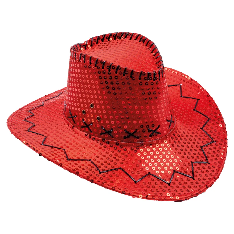 Cowboyhoed pailletten rood met zwart zigzagkoord