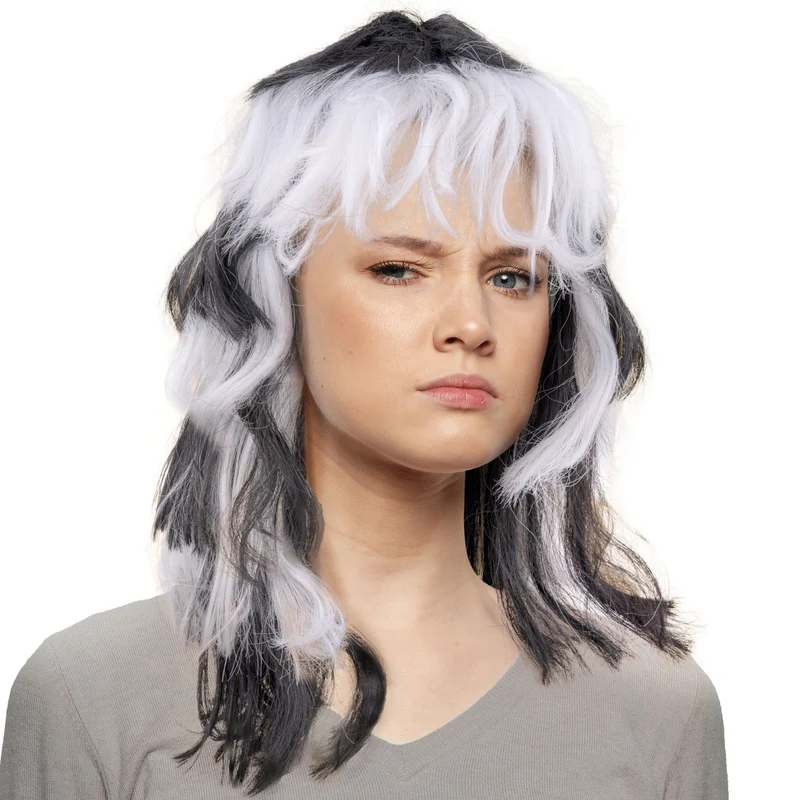 Pruik wit-zwart schouderlang met pony unisex