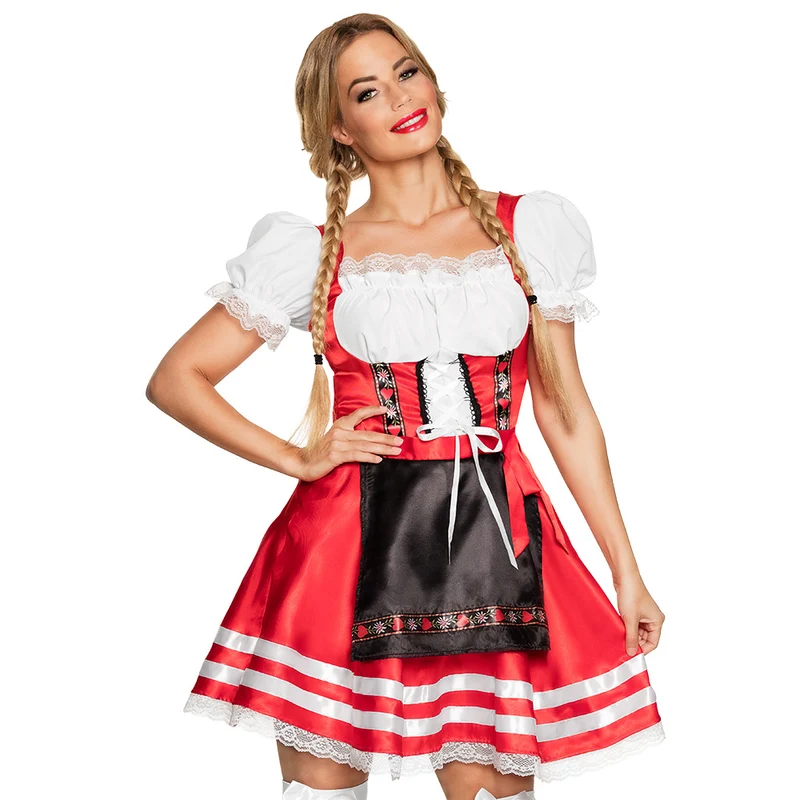 Dirndl Helena rood met zwart schort voor dames