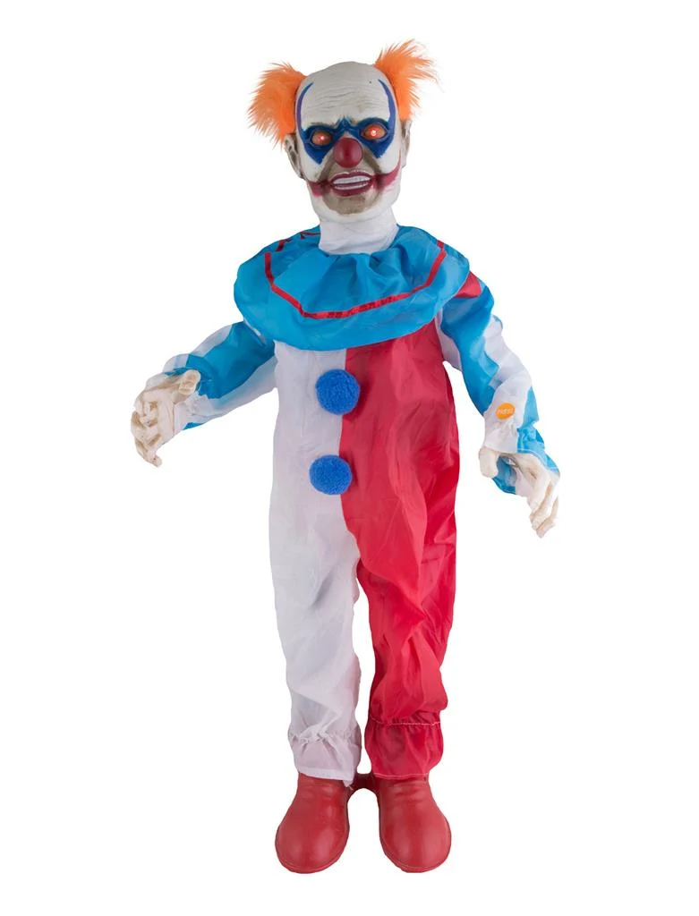 Horror clown decoratiepop 95 cm wit met rood en blauw