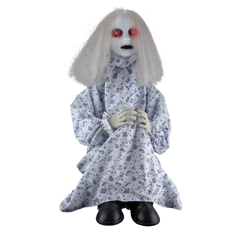 Halloween pop zittend meisje 75 cm met lichtgevende ogen