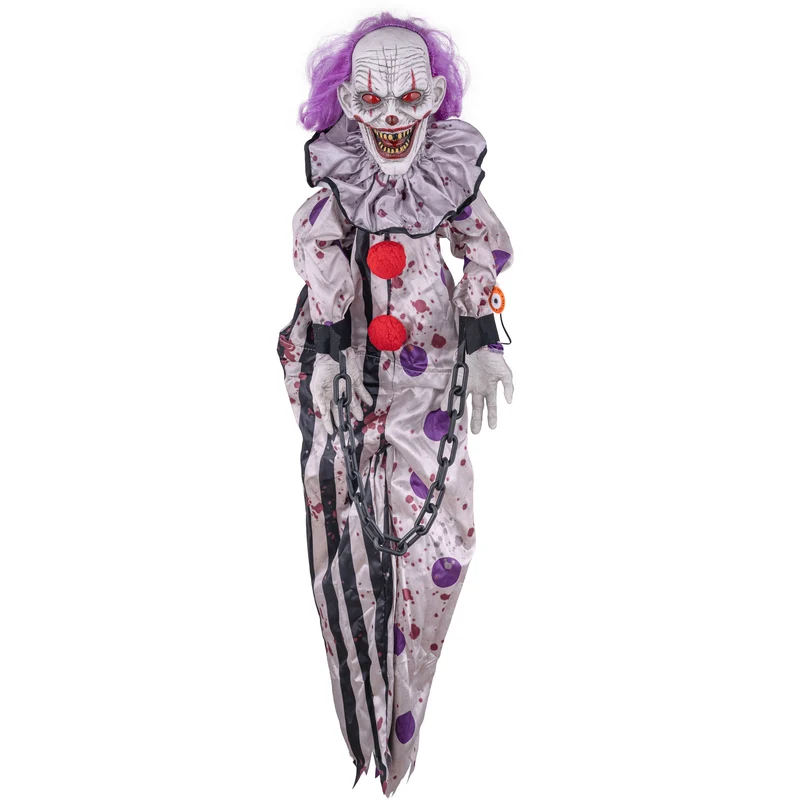 Hangende horrorclown decoratie 110 cm met paars haar