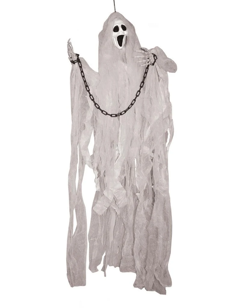 Hangspook wit 120 cm met griezelmasker en ketting