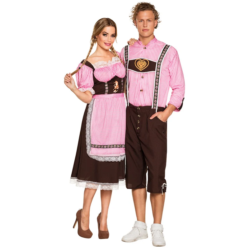 Dirndl Frau Schmidt lang roze met bruin dames tweedelig