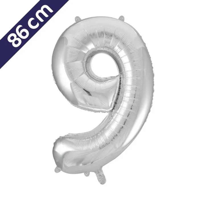 Cijferballon - zilver - cijfer 9 - 86 cm