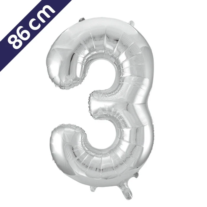 Cijferballon - zilver - cijfer 3 - 86 cm