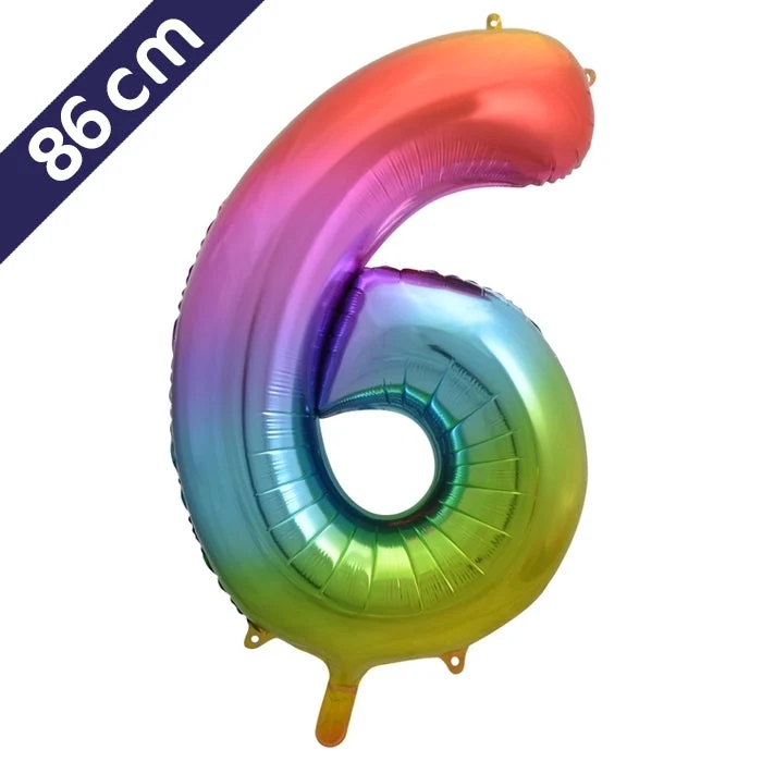 Cijferballon - regenboog - cijfer 6 - 86 cm