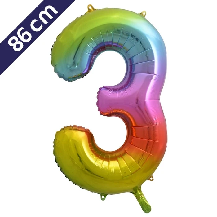 Cijferballon - regenboog - cijfer 3 - 86 cm