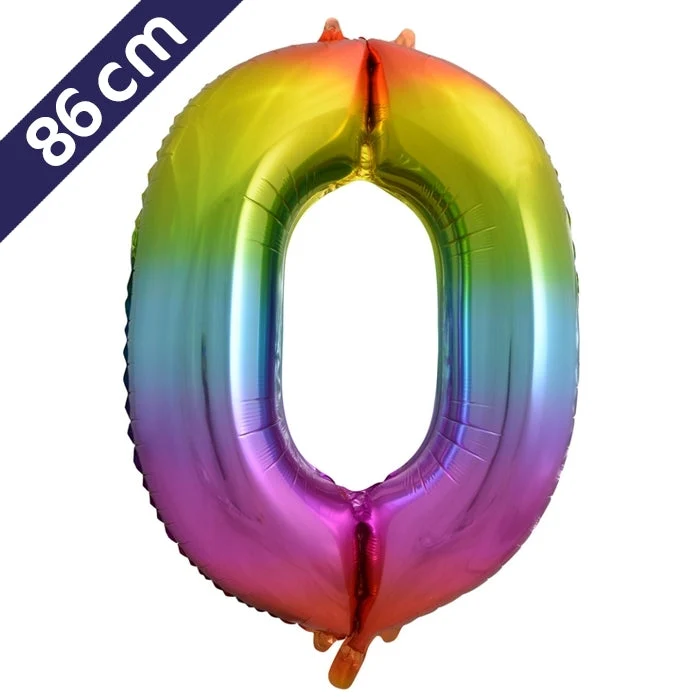Cijferballon - regenboog - cijfer 0 - 86 cm