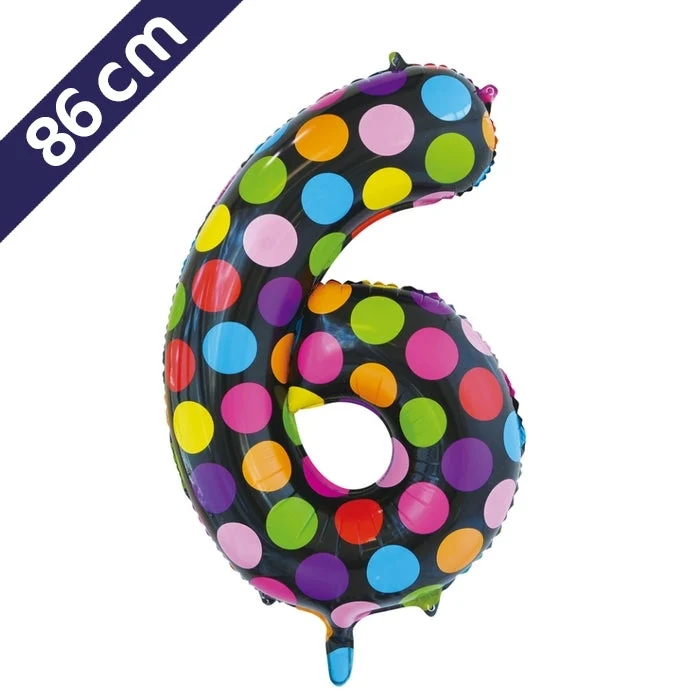 Cijferballon - gekleurde stippen - cijfer 6 - 86 cm