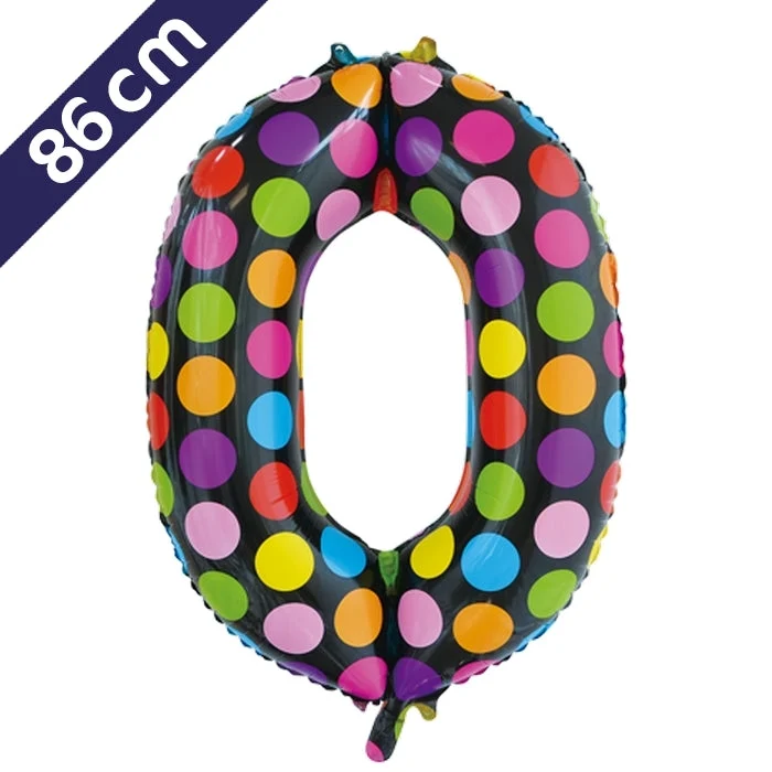 Cijferballon - gekleurde stippen - cijfer 0 - 86 cm