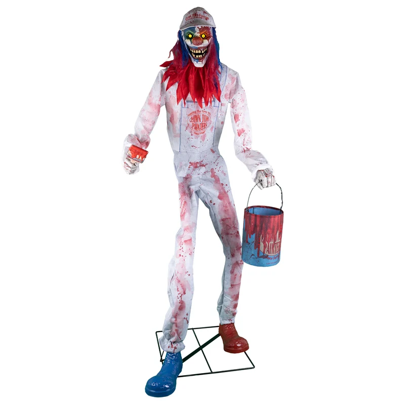 Horrorclown met verfpot 213 cm, staande halloweenpop