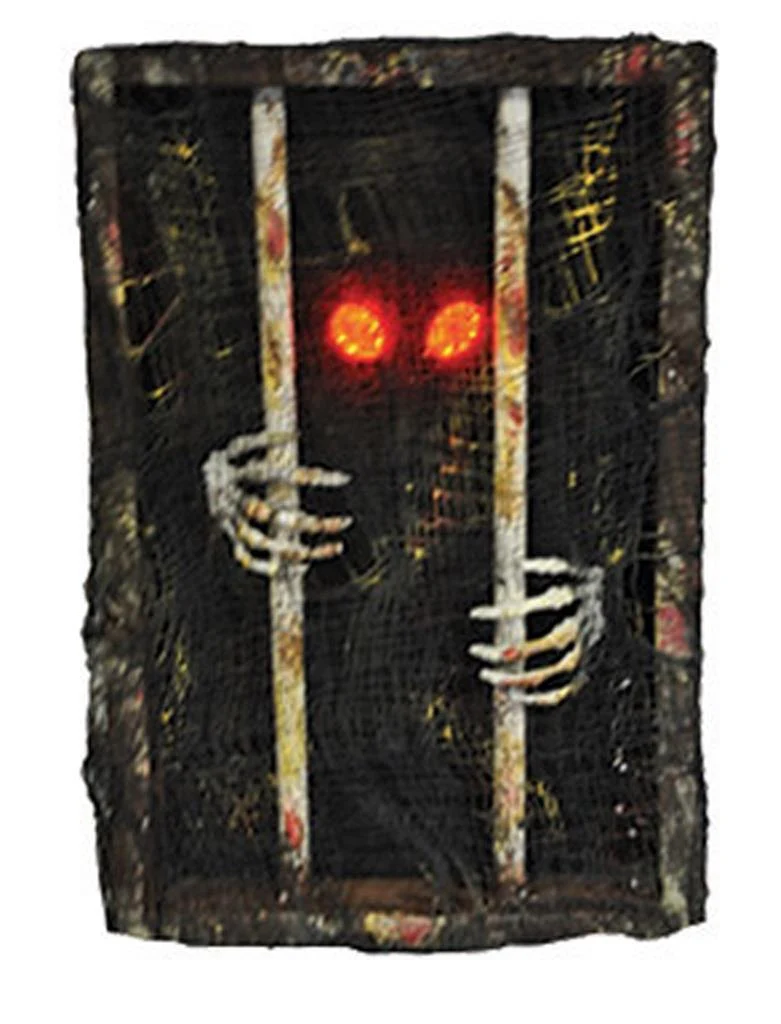 Skelet in kooi 45 cm met rode ogen, zwarte halloweendecoratie