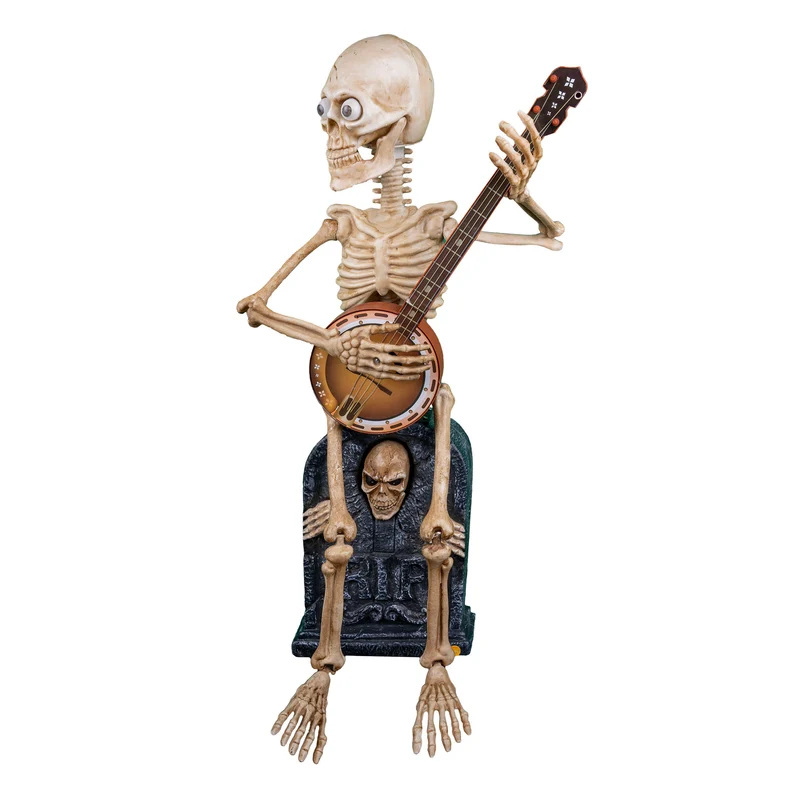 Skelet met gitaar decoratie 90 cm op grafsteen