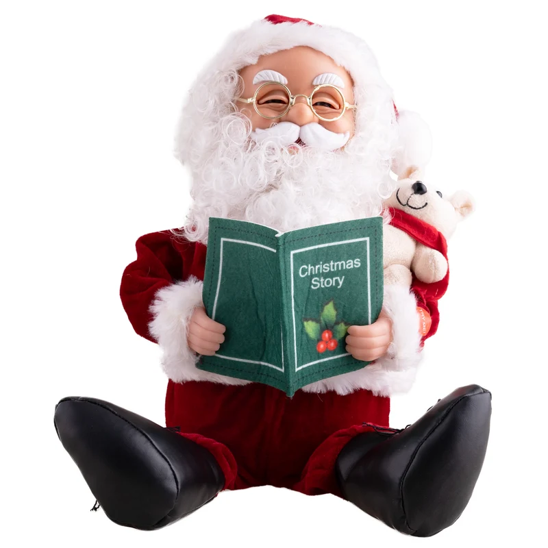 Zittende kerstman pop 35 cm met boek en beertje