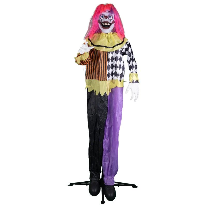Staande horrorclown 160 cm met standaard paars-zwart