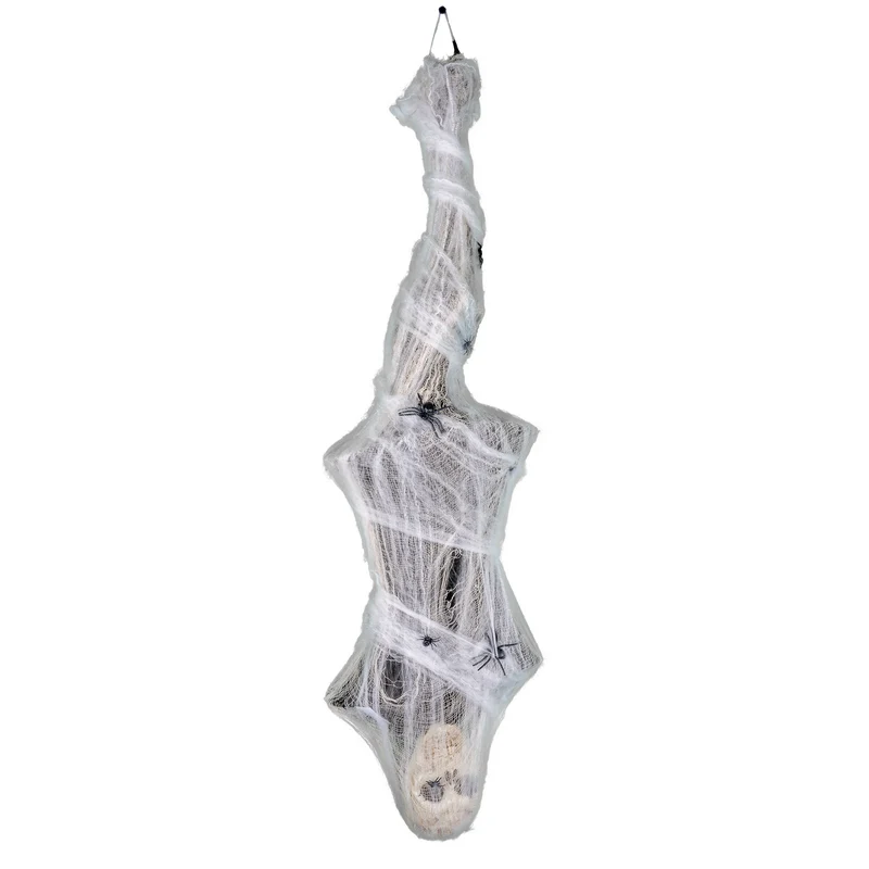 Hangende mummiedecoratie 165 cm wit met spinnen