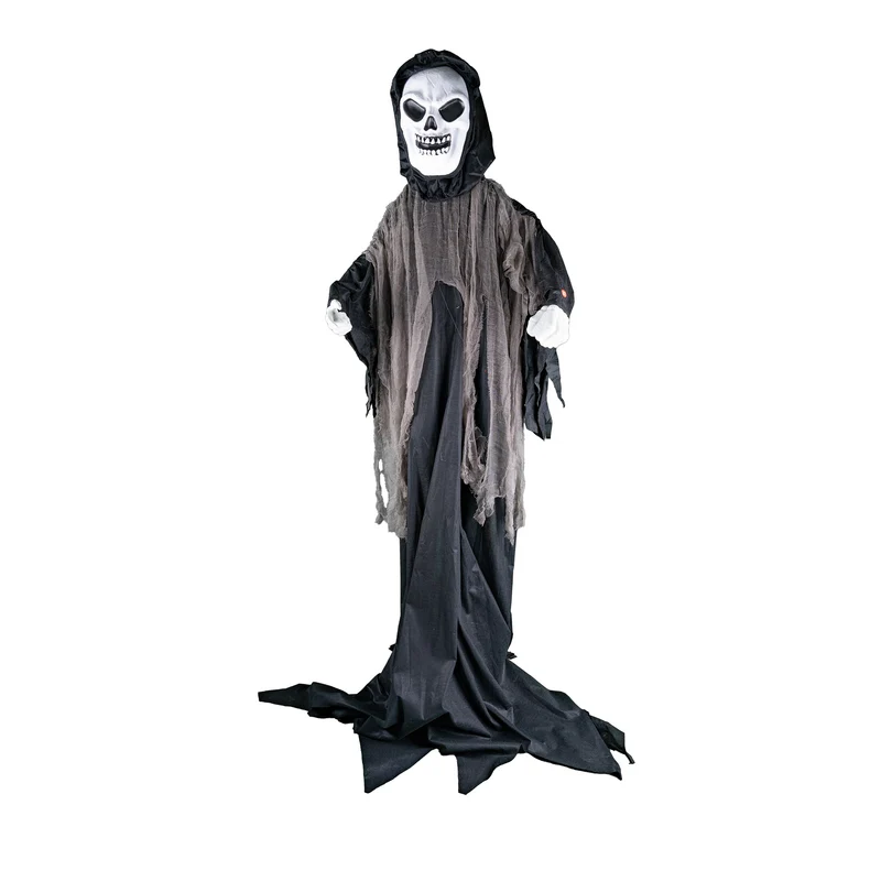 Skelet pop 200 cm met schedelmasker en zwart gewaad