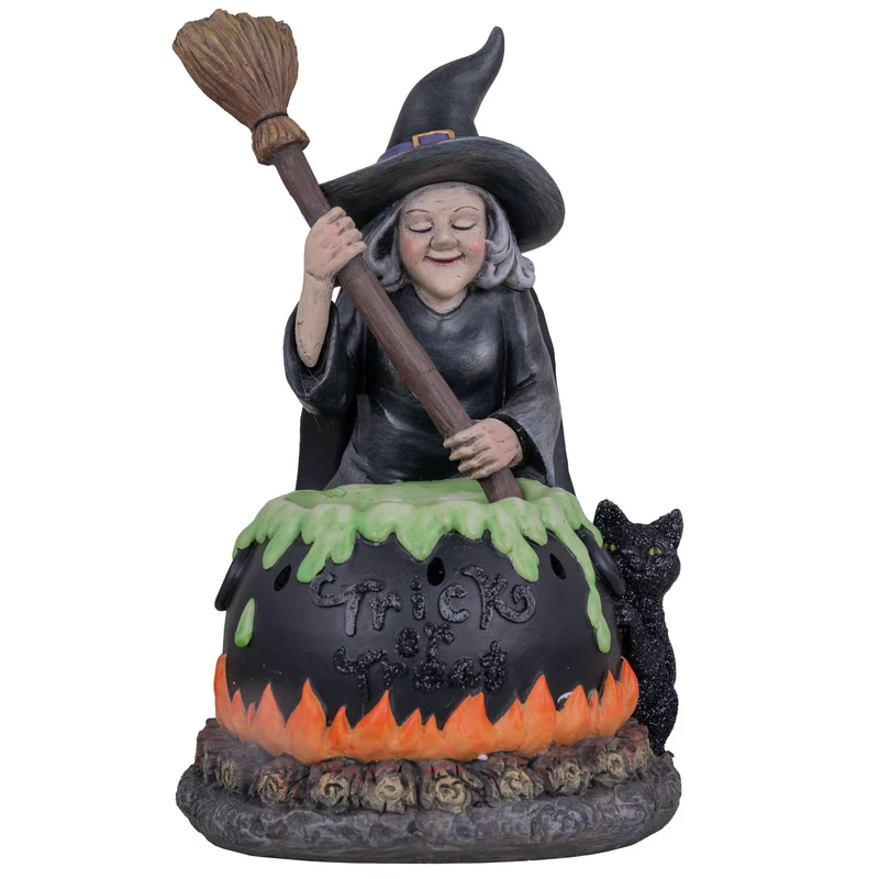 Heks met kookpot decoratie 25 cm met zwarte kat