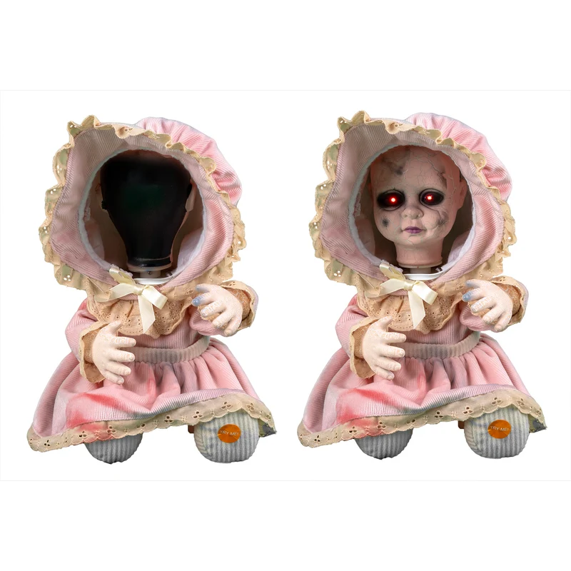 Horrorpop met draaiend hoofd 30 cm, licht en geluid