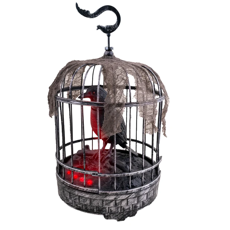 Kraai in kooi 32 cm zwart met rood licht, halloweendecoratie
