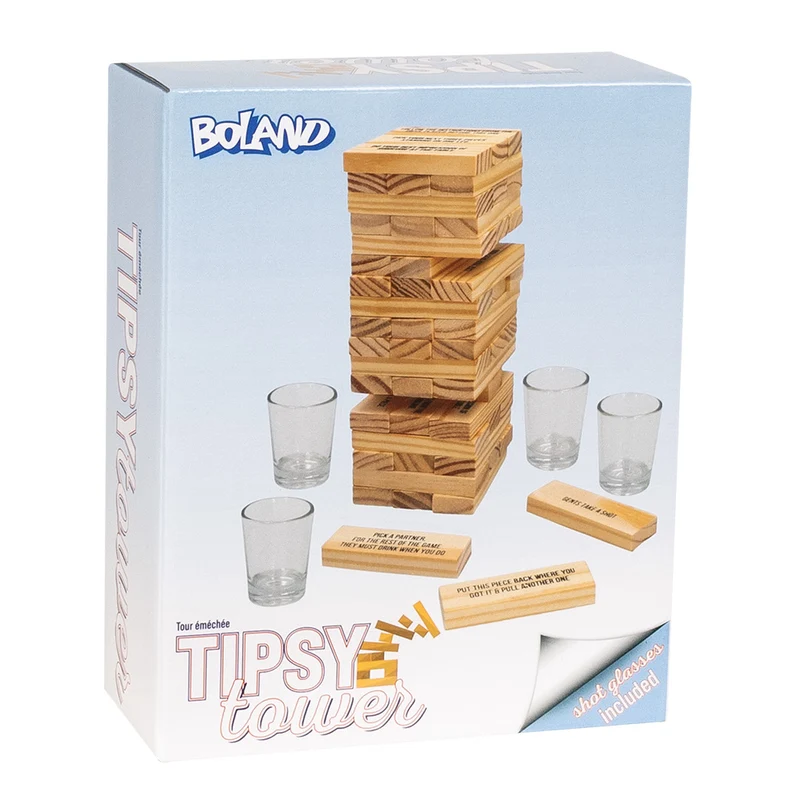 Drankspel drinking tower met 54 houten blokken en 4 shotglaasjes