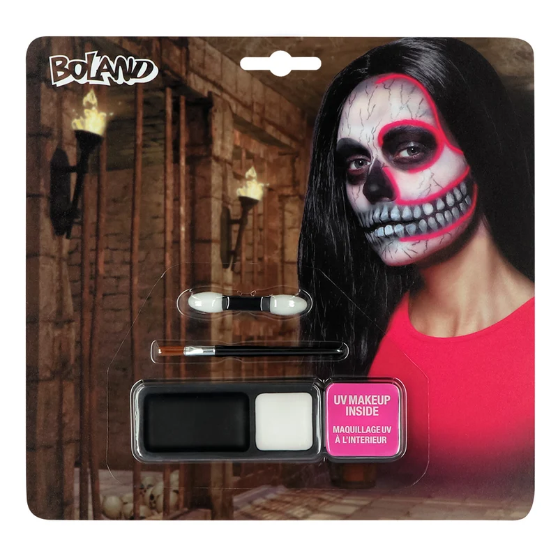 Schminkkit UV skull met vetschmink, UV poeder en kwastje