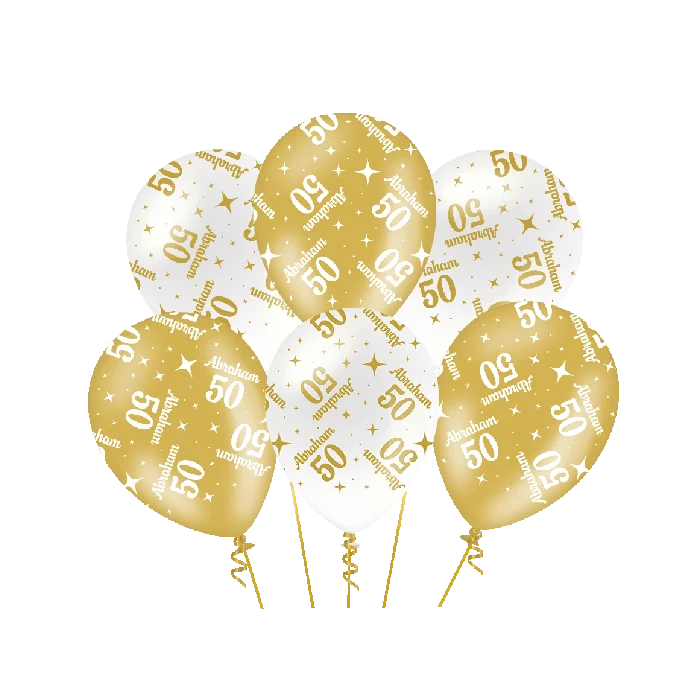 Abraham Ballonnen 50 jaar - 6 stuks - 30 cm - goud en wit