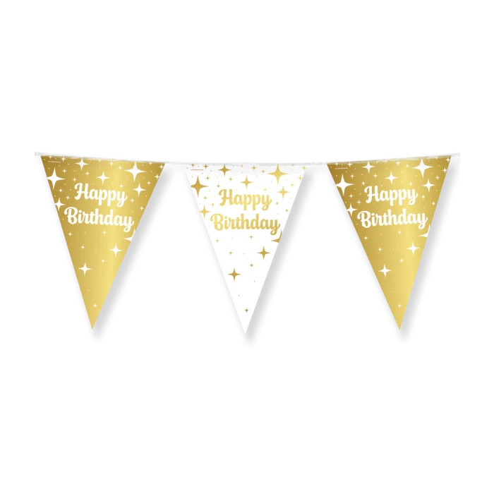 Happy Birthday Vlaggenlijn / slinger - 10 meter - goud en wit vlaggetjes