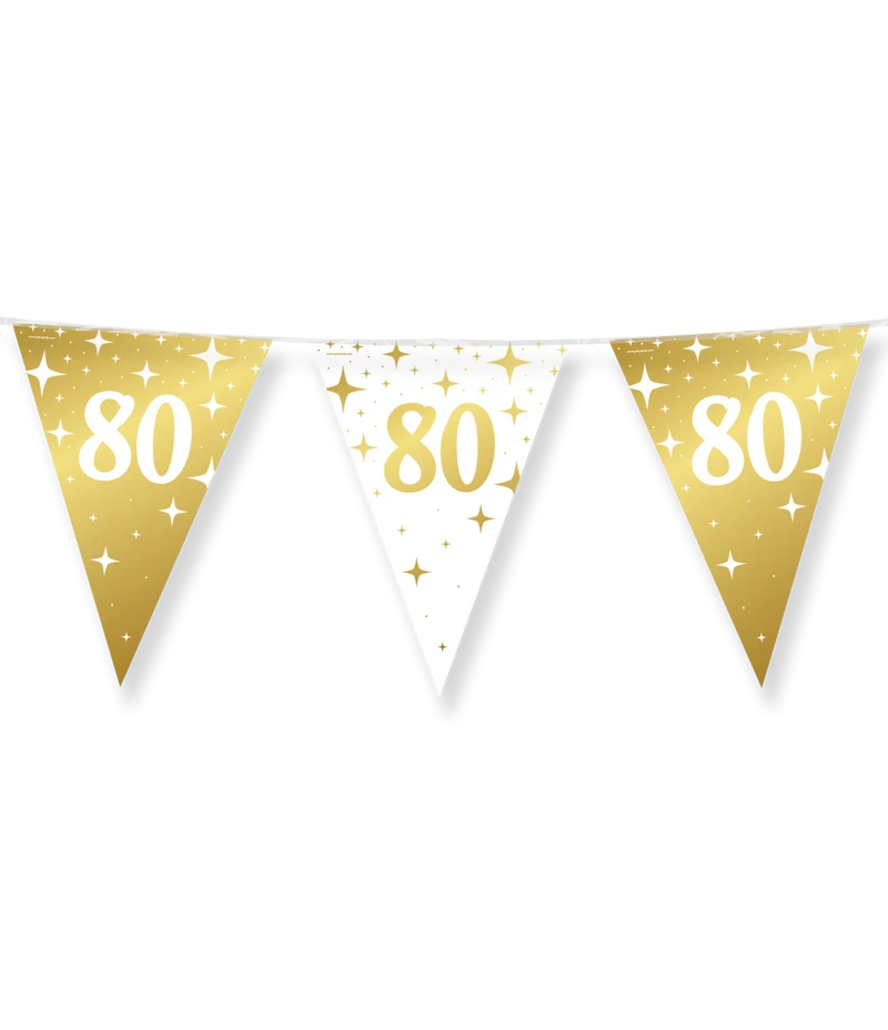 80 jaar Vlaggenlijn / slinger - 10 meter - goud en wit vlaggetjes