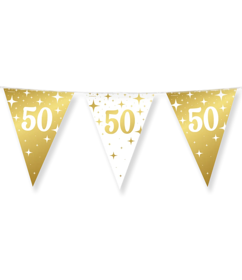50 jaar Vlaggenlijn / slinger - 10 meter - goud en wit vlaggetjes