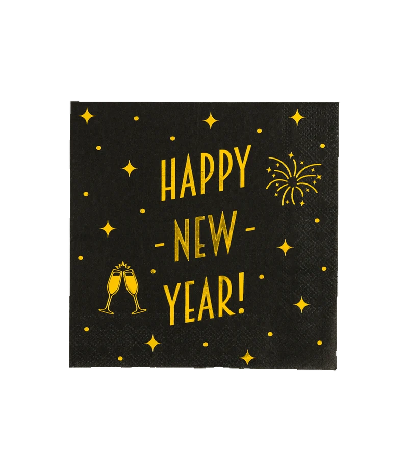 Servetten Happy New Year - 16 stuks - goud en zwart - Classy