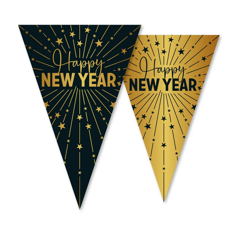 Happy New Year Vlaggenlijn / slinger - 10 meter - goud en zwart - Golden Celebrations vlaggetjes